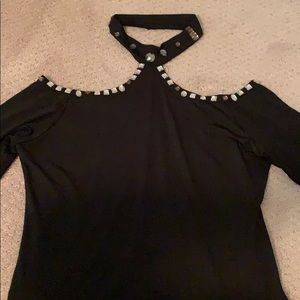 Cold shoulder collar jeweled black spandex blouse